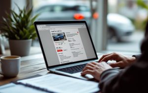 Vue réaliste d’un acheteur comparant une annonce de voiture d’occasion sur un ordinateur portable, avec des documents de contrôle et un véhicule en arrière-plan.