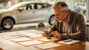 Un homme compare des brochures vierges et utilise une calculatrice sur une table, avec une voiture moderne argentée en arrière-plan.