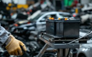 Des batteries de voiture usagées alignées sur une balance dans un ferrailleur automobile, ambiance industrielle propre et lumière douce.