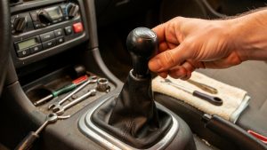 Gros plan sur le levier de vitesse d’une petite voiture ancienne, avec le pommeau remplacé soigneusement et le soufflet en cuir protégé.
