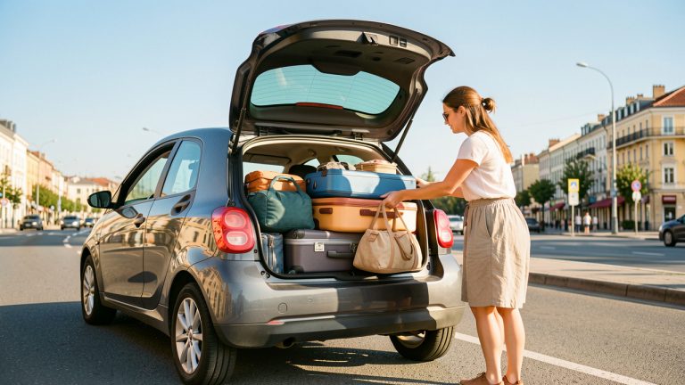 Citadine chargée pour les vacances : la femme range des bagages organisés dans le coffre, ambiance de départ estival sur une route ensoleillée.