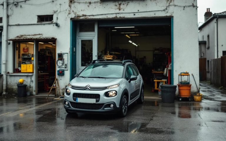Citroën C3 essence garée devant un atelier, ambiance photo reportage mécanique, lumière naturelle et style éditorial automobile.