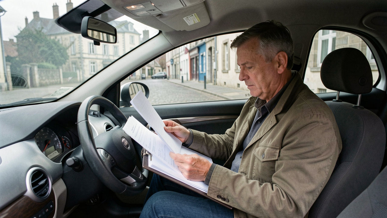 Un homme consulte des documents administratifs vierges au volant d’une voiture garée dans une rue urbaine de Caen.