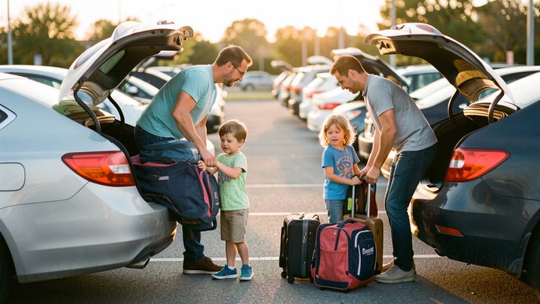 Famille qui charge des valises et des sacs de voyage dans le coffre de plusieurs voitures sur un parking, ambiance de départ pour le week-end.