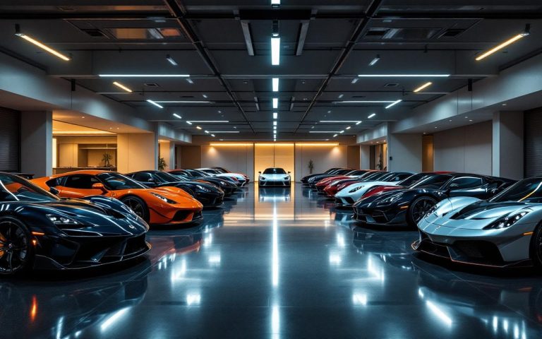 Garage automobile ultra premium à Monaco, avec plusieurs supercars et hypercars alignées, ambiance de luxe contemporaine, éclairage cinématographique et reflets sur le sol.