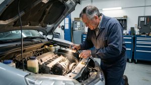 Mécanicien examinant attentivement le moteur d’une voiture compacte d’occasion dans un garage.