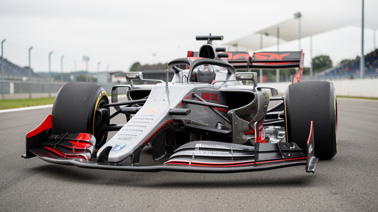 Monoplace de course de type Formule 1 modèle 2026 vue de trois quarts avant dans un paddock, avec des éléments aérodynamiques actifs visibles.
