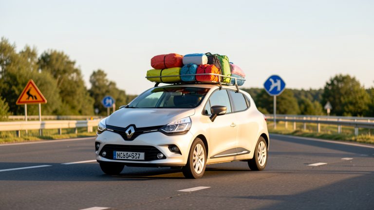 Renault Clio 4 chargée de bagages sur une aire de départ, en été, sous une lumière dorée et un ciel ensoleillé.