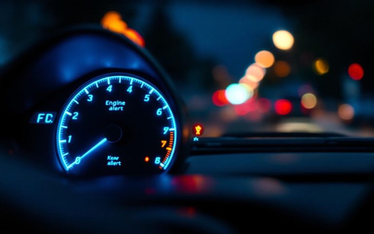 Vue rapprochée du tableau de bord d’une voiture moderne, avec le voyant moteur allumé et une alerte d’injection, ambiance réaliste de diagnostic mécanique.