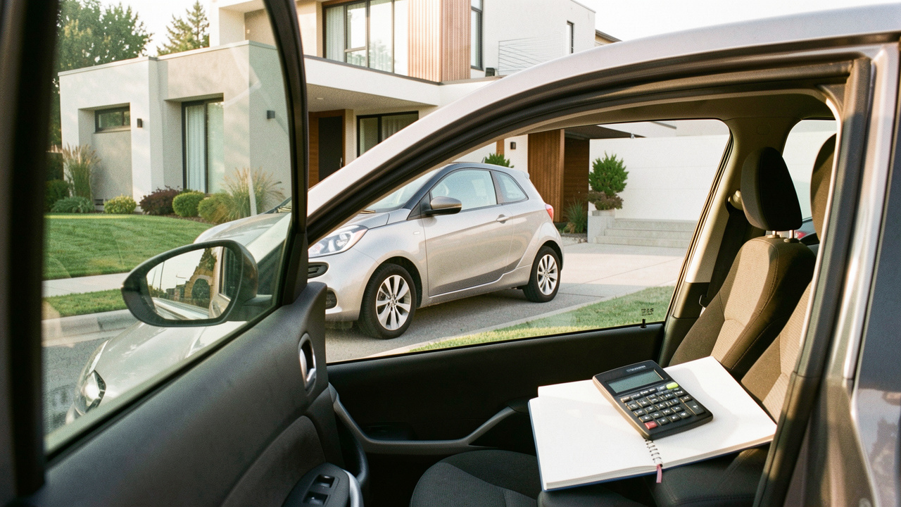 Voiture moderne garée devant une maison, avec un carnet de budget vierge et une calculatrice posés sur le siège passager, éclairés par la lumière naturelle.