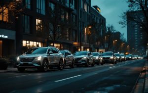 Vue urbaine au crépuscule avec plusieurs SUV de tailles différentes stationnés pour comparer visuellement leurs gabarits, ambiance 2026 et éclairage de ville réaliste.